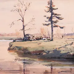 Aleksander Pilar, Seltskond jõekäärus, 1954, Akvarell, kleebitud papile