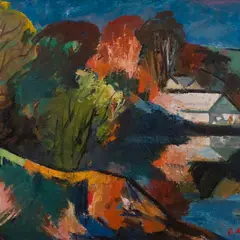 Viktor Karrus, Sügismaastik majadega, 1978, Õli, lõuend