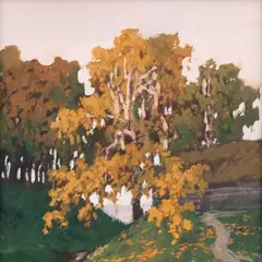 Eduard Poland, Maastik jõesuudme ääres, 1928, Tempera, papp