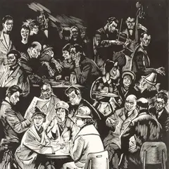 Kohvik by Richard Kaljo, 1961, Puugravüür, sold May 2024