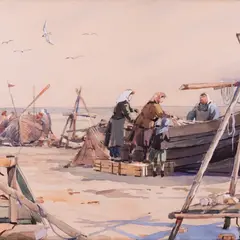 Aleksander Pilar, Kalapaadid rannal, 1951, Akvarell, paber papil