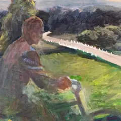 Lembit Saarts, Maastik jalgratturiga, 1948 - 1949, Õli, vineer