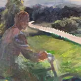 Lembit Saarts, Maastik jalgratturiga, 1948 - 1949, Õli, vineer
