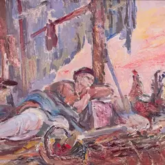 Ado Vabbe, Lamav mees kukega, 1949, Õli, papp