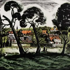 Ella Mätik, Tartu äärelinna vaade, 1942, Värviline puugravüür