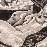 Eduard Wiiralt, Lamav akt koera ja fööniksiga, 1926, Puugravüür