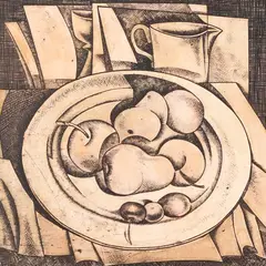 Avo Keerend, Puuvili vaagnal, 1973, Linoolsügavtrükk