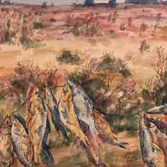 Uno Roosvalt, Maastik kaladega, 1983, Akvarell
