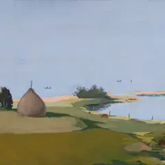 August Luiga, Maastik heinakuhjaga, 1972, Guašš, paber