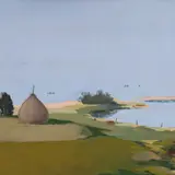 August Luiga, Maastik heinakuhjaga, 1972, Guašš, paber