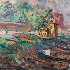 Ado Vabbe, Emajõe kallas paatidega, 1950, Õli, papp
