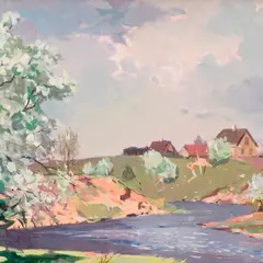 Richard Uutmaa, Maastik jõega, 1956, Õli, kartong