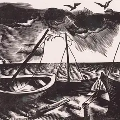 Paadid rannal by Eduard Rüga, 1938, Puugravüür, sold May 2023