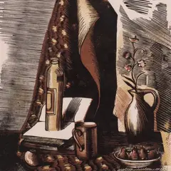 Natüürmort by Eduard Rüga, 1939, Puugravüür, sold May 2023