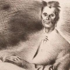 Peeter Mudist, Pime loeb raamatut (Autoportree), 1970, Ofort