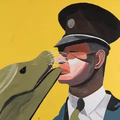 August Künnapu, Londoni loomaaia valvur saab suudluse sõbralikult merilõvilt, 2004, Akrüül, lõuend