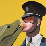August Künnapu, Londoni loomaaia valvur saab suudluse sõbralikult merilõvilt, 2004, Akrüül, lõuend