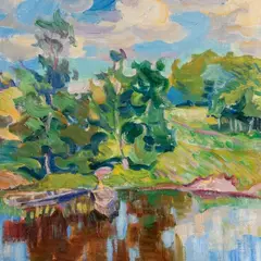 August Jansen, Suvine jõekallas paatidega, 1929, Õli, lõuend papil