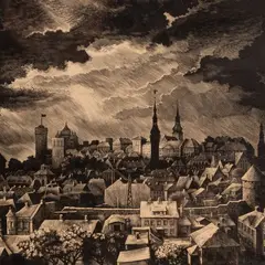 Ernst Kollom, Vana Tallinna panoraam, 1958, Puugravüür