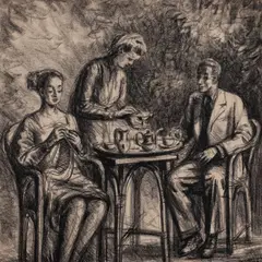 Erich Pehap, Kolmekesi laua ääres, 1947, Süsi, paber