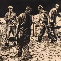 Tänavasillutajad by Richard Kaljo, 1958, Linoollõige, sold May 2022