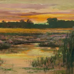 Eduard Poland, Päikeseloojang üle soo, 1928, Guašš, paber