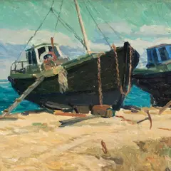 Märt Bormeister, Kalatraalerid rannal, 1964, Õli, papp