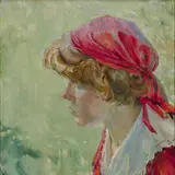 Evald Okas, Tüdruk punase rätikuga, 1957, Õli, lõuend