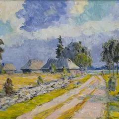Märt Bormeister, Maastik kaluritaluga Põhja-Eestist, 1990, Õli, lõuend papil