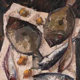 Viktor Leškin, Natüürmort kalade ja sibulatega, 1953, Õli, papp