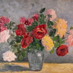 Roosid vaasis by Kristjan Teder, 1959, Õli, papp, sold May 2020