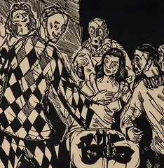Endel Kõks, Stseen maskidega, 1953, Linool