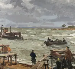 Richard Sagrits, Kalasadam tormiga, 1960, õli, lõuend