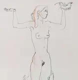 Evald Okas, Naine tuviga, 1994, Viltpliiats, sangviin, paber