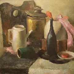 Johannes Võerahansu, Natüürmort samovari ja paletiga, 1934 - 1935, õli, lõuend papil