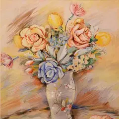 Lydia Mei, Natüürmort lillevaasi ja merekarpidega, 1942, Guašš, paber