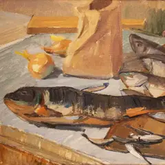Viktor Leškin, Natüürmort kalade ja jahukotiga, 1957, Õli, lõuend