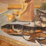 Viktor Leškin, Natüürmort kalade ja jahukotiga, 1957, Õli, lõuend