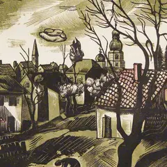 Võru by Eduard Rüga, 1937, värviline puugravüür, sold Apr 2017