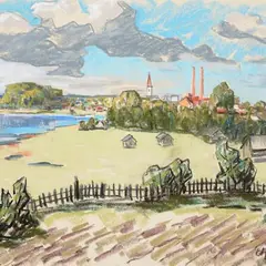 Ernst Hallop, Vaade Võru linnale, 1946, värviline kriit, paber
