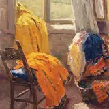 Leili Muuga, Natüürmort Muhu rahvariietega, 1956, õli, kartong