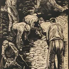 Tänavasillutajad by Richard Kaljo, 1958, linoollõige, sold Oct 2013