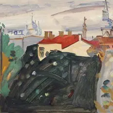 Henn Roode, Linnamotiiv (Vaade koduaknast), 1967, õli, papp