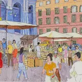 Endel Kõks, Turg Roomas (Market at Via in Arcione), 1973, segatehnika, paber