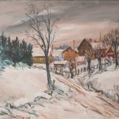 Jaan Grünberg, Talvine maastik majadega, 1936, õli, papp
