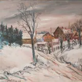 Jaan Grünberg, Talvine maastik majadega, 1936, õli, papp