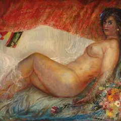 Evald Okas, Akt lilledega, 1998, õli, lõuend