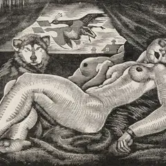 Eduard Wiiralt, Lamav akt koera ja fööniksiga, 1926, puugravüür