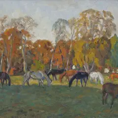 Paul Burman, Maastik hobustega, 1917, õli, papp