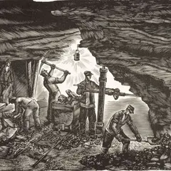 Arkadio Laigo, Töö allmaa-kaevanduses, 1943, puulõige